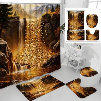 Bộ phụ kiện phòng tắm chống thấm nước họa tiết đồng xu 1/4 lớp, bao gồm rèm tắm, thảm chống trượt, bọc nắp bồn cầu, thích hợp cho gia đình và văn phòng, mang lại sự giàu có, thư giãn tĩnh lặng, chất liệu polyester dày dặn, in kỹ thuật số, có thể giặt, sử dụng được cả bốn mùa, phiên bản giới hạn dịp lễ.