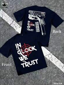 [Printed T-Shirt] Men's "Trust Us" Version B Gun Pattern Slogan T-Shirt - 1 Piece, 100% Cotton, Sizes S To XXXL,  Casual Men's Round-Neck Short-Sleeve Cotton T-Shirt For Spring And Summer, Suitable As A Gift. New Stylish T-Shirt - Màu xanh nước biển - Xem 3