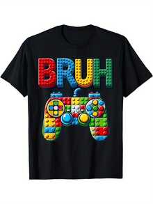 LiquidationslimBRUH Game-Themed Printed T-Shirt (For Boys Aged 6-14) – Designed With A Colorful Block Pattern And Decorated With Game Controller Motifs, This Fun Casual Style Is Specially Made For Young Gamers, Suitable For Summer Outings And Everyday Wear. Cutesummer Tops For Woman - 黑色 - 查看 8