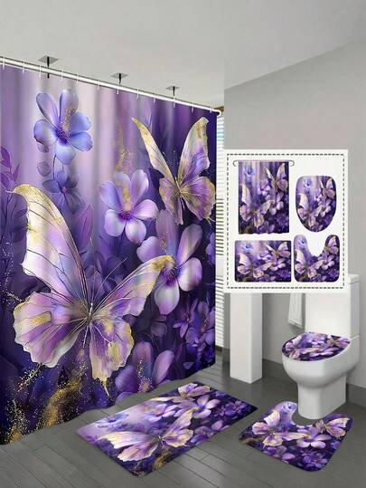 1/4 Set - Purple Butterfly Shower Curtain Set, Modern Farmhouse Floral Butterfly Gold Foil Botanical Art Waterproof Shower Curtain With 12 Hooks, Bathroom Non-Slip Mat, Toilet U-Shaped Mat, Lid Cover, Home Gift