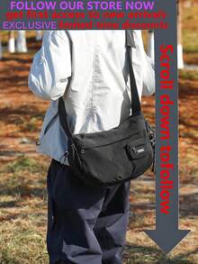 男士尼龙单肩包，大容量，时尚纯色，旅行/假日礼物，户外/骑行/露营斜挎包，夏季返校学生用品，学院风单肩包，新生活必备，高中运动背包 - 黑色 - 查看 2