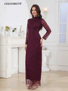 Luxury Elegant Purple Sequin Beaded Stand Collar Long Sleeve Evening Gown, Suitable For Party, Wedding, New Year, Thanksgiving - Purple - View 2