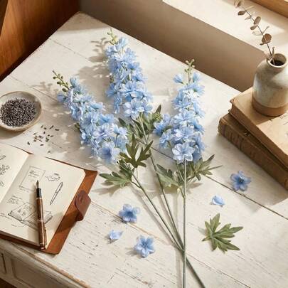 1/3/5株人造飞燕草，适用于婚礼、法式风格、轻奢风格、ins风家居装饰、婚礼布置、烛光晚餐、圣诞派对、餐桌中心装饰、户外花园装饰，也可作为乔迁礼物、结婚礼物、周年纪念礼物、生日礼物、母亲节礼物。