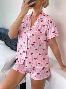 2pcs Pink Heart & Wave Print Women Pajama Set, Short Sleeve Lapel Button Top & Elastic Waist Shorts, Comfortable Knit Casual Loungewear With Pockets, Suitable For All Seasons - Pink - View 11