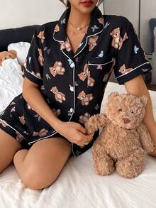Dreamivo Set Piyama Celana Pendek Lengan Pendek Motif Beruang untuk Wanita - Hitam - View 6