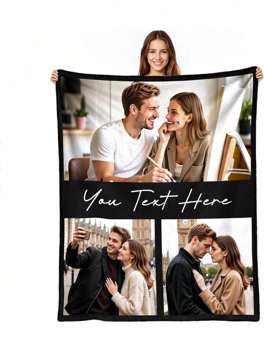 Custom Blanket With Picture & Text - Personalized Throw Blanket & Flannel Photo Blankets. Custom Valentine's Day Gifts For Her, Him & Couples. (3 Photos And Text)– Home Decor,Bedroom Decor,Living Room Decor,Couch,Sofa,Bed,Customizable,Breathable,Lightweight,Washable,Soft,Comfortable,Elegant,Simple,Personalized Items,Tapestry,Hogar,Bedroom Essentials,Camping Essentials,Beach Essentials,Living Room Essentials,Home Essentials,Custom Blankets,Regalos Para Mamá,Mother's Day Gifts - 多色 17 - 查看 1