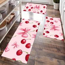 Pink Cherry Bow Print Area Rug 3 Piece Set, Sweet Coquette Pattern Floor Mat, Non-Slip Entryway Kitchen Carpet, Non-Slip, Absorbent, Washable Polyester, Kitchen And Laundry Area, Laundry Room | Decorative Floor | Absorbent, Laundry Room Decor - Multicolor - View 2