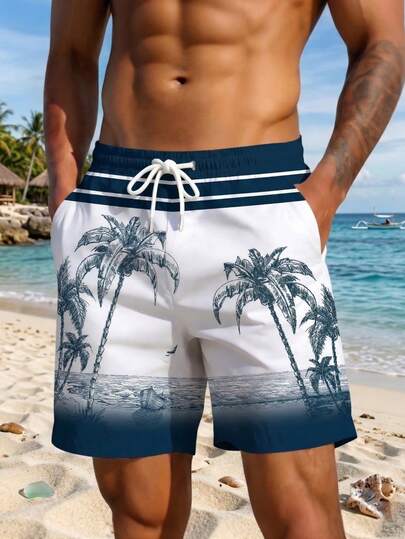 Quần short nam đi biển kiểu dáng thường ngày, in hình cây dừa Hawaii nhiều màu sắc, đồ họa kỹ thuật số 3D, có dây rút ở eo, không có lớp lót, thời trang ngoài trời cho kỳ nghỉ hè.