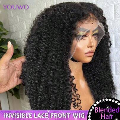 200% Density 13x4 Kinky Curly HD Lace Frontal Wigs Curly Lace Front Hand Weaves Wigs For Women With Baby Hair Natural Hairline Jerry Curly Wig Blended Human Hair Brazilian Virgin Hair Wig Suitable For Daily Use Elegant Style 8-34inch