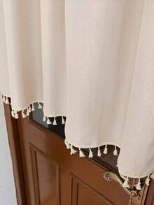 1 Pc Solid Beige Door Curtain - Fringed Tassel Decor Without Curtain Rod, Retro Pastoral Romantic Style Daisy Pattern Semi Blackout Beige Tassel Door Curtains, Rod Pocket Classic Cafe Country Farmhouse Kitchen Curtains Half Door Curtains - Apricot - View 3