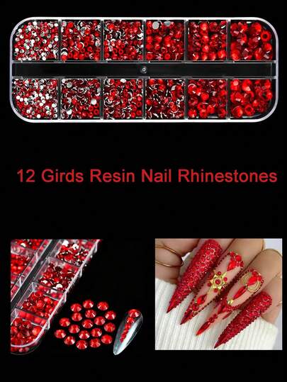 12grids Red Nail Gems Rhinestones 2/3/4/5mm Flat-Back Nail Crystal Diamond SS6/10/16/20/30 Mixed Luxury Glass Rhinestones Nail Charms Decoration Nails