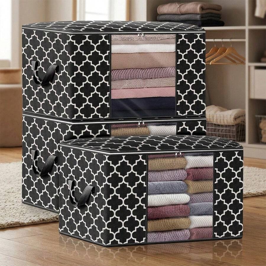 3-Pack Large-Capacity Clothing Storage Bags With Reinforced Handles And A Transparent Window. Foldable Storage Boxes Suitable For Down Comforters, Blankets, And Bedding. [Black] - Xem 1