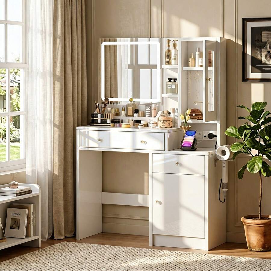 Dressing Table With LED Mirror - 85 X 38 X 136 Cm - 2 Sockets And USB - 3 Adjustable Colors - 2 Drawers, 5 Shelves, And 2 Cabinets - White - 查看 1