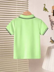 Young Boy Striped Print Contrast Trim Short Sleeve Polo Shirt - Green - View 2