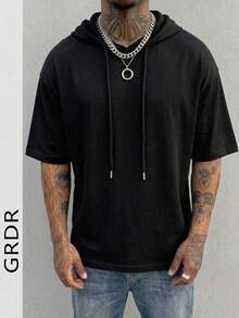 GRDR Camiseta de manga corta con capucha casual de gimnasio y fitness clásica para hombre, de verano - Negro - Ver 3