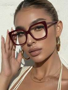 1 Cặp kính nữ gọng vuông màu đỏ rượu vang, kiểu dáng đơn giản cổ điển, phù hợp để đeo hàng ngày. - Màu Đỏ Sâu - Xem 3