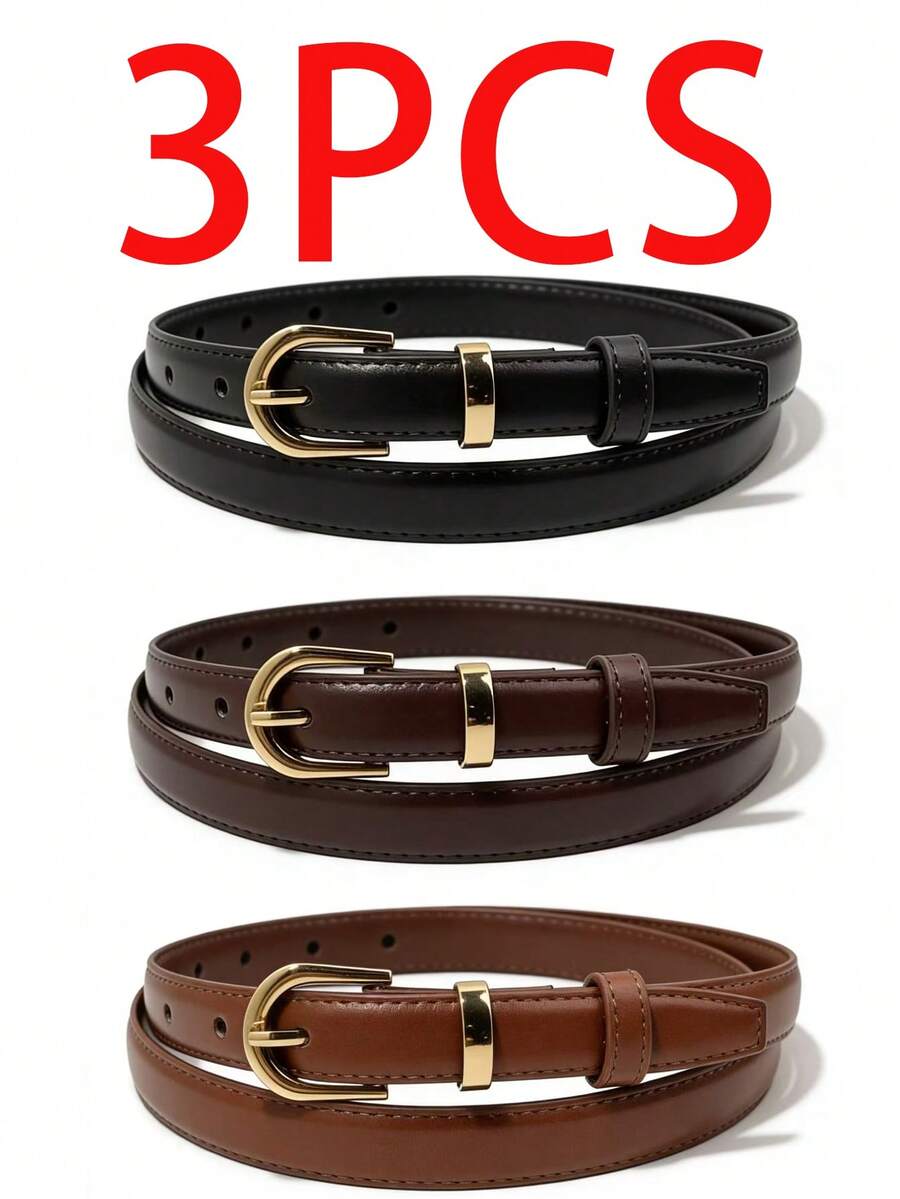 3pcs /2pcs /1pc Solid Color Casual PU Leather Belt, Simple Design, Suitable For Women To Wear In All Seasons: Summer, Campus Autumn, Deep Autumn, And Halloween Christmas Gifts - Multicolor - View 1