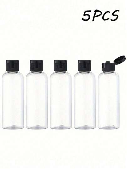 5 adet 3.4oz (96 ml) şeffaf yuvarlak şişe, çevirmeli kapaklı, seyahat için boş şişeler, kozmetik yeniden doldurulabilir kaplar, seyahat şişeleri, sızdırmaz sıkma şişeleri, siyah çevirmeli kapaklı, tuvalet malzemeleri, şampuan, losyon, saç kremi, seyahat makyajı, ev ve seyahat için uygun, kapasite seçenekleri: 30ml/50ml/80ml/100ml/120ml/150ml, taşınabilir aksesuar saklama kabı.