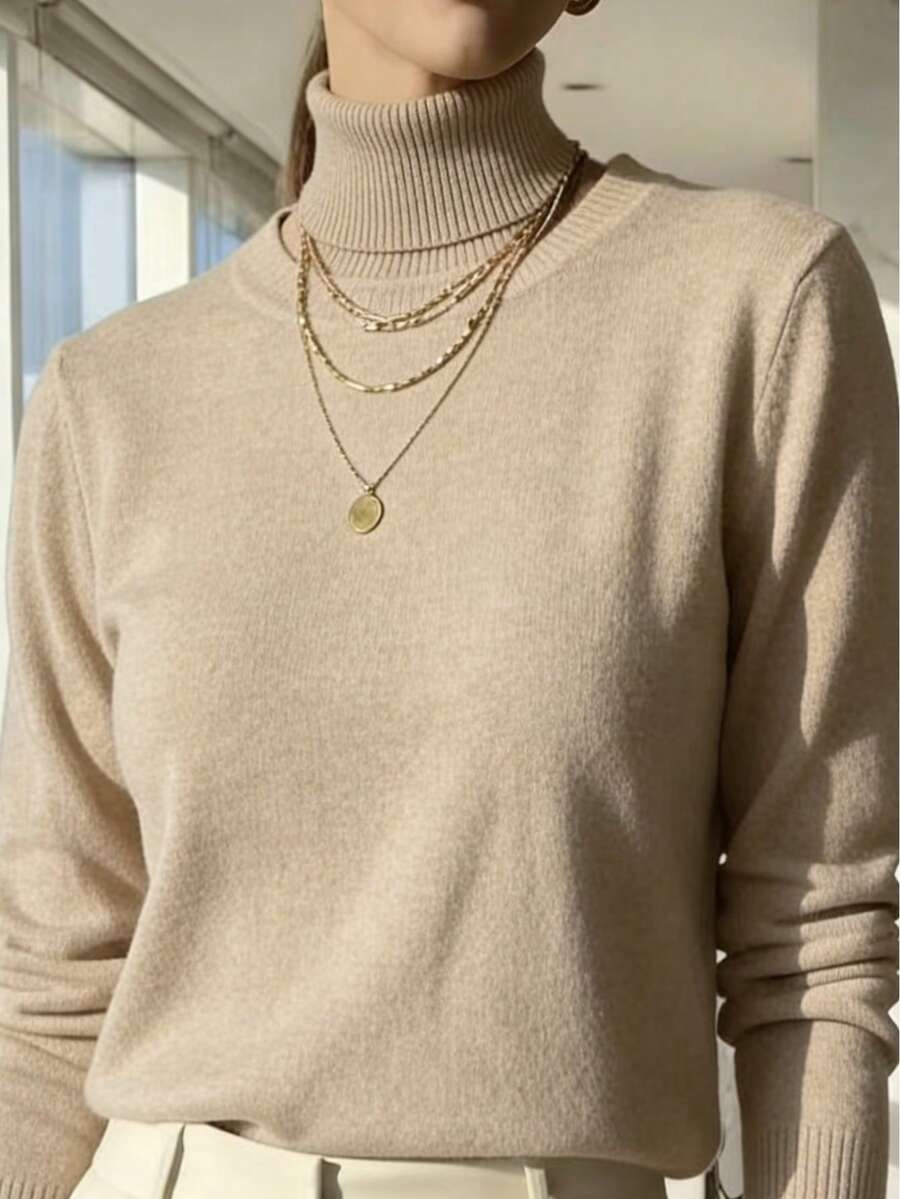 WOMEN'S LONG SLEEVE KNITTING BLOUSE WINTER BASIC HIGH NECK SWEATSHIRT - 杏色 - 查看 1