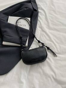 2026 Spring New Minimalist Fashion Solid Color Litchi Texture Saddle Bag, Casual Lace-Up Shoulder Mini Bag - Black - View 6