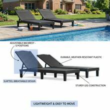 2PCS Outdoor PP Recliner Chairs Set, 5 Position Pool Lounge Chairs With Anti-Fading Sturdy Frame, Quick Assembly Folding Patio Furniture For Beach Lawn Black - A - 查看 10