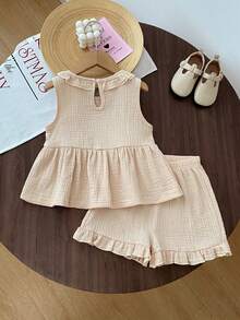 2pcs/Set Girls Cute Toddler Peter Pan Collar Bow Casual Top And Shorts Set, Summer - Apricot - View 2