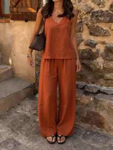 PoPoHouse Women's Elegant Two Pieces Set Linen Sleeveless V-Neck Top & Loose Wide-Leg Pants For Casual Commute Summer Beach Vacation Outfit - Burgundy - View 4