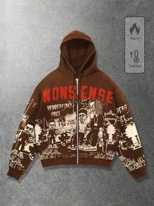 Street Life Spring Casual Graphic Men'S Autumn Street Letter & Cartoon Character Print Zip Front Drawstring Hoodie Sweatshirt, Winter - 咖啡棕 - 查看 1