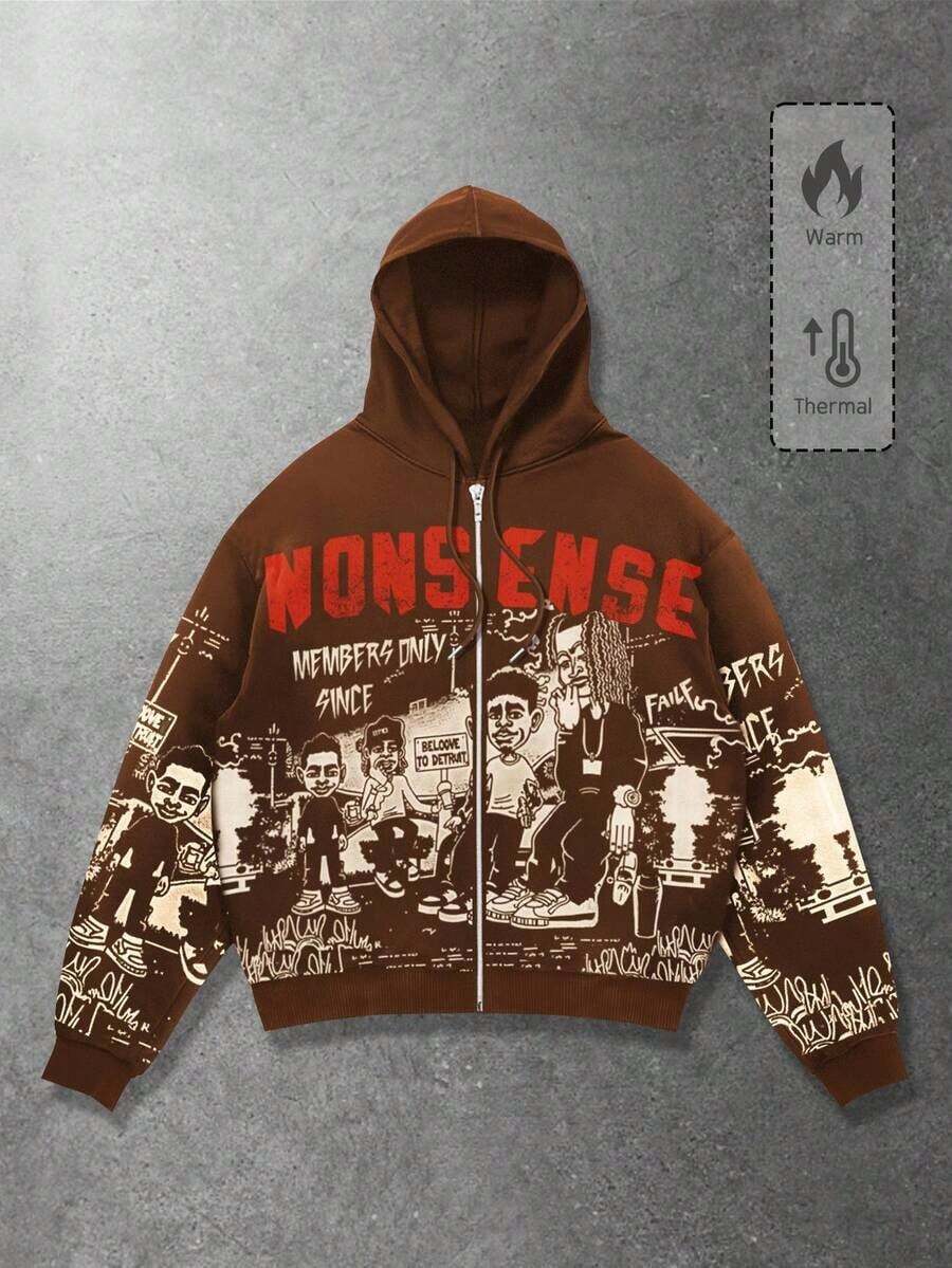 Street Life Spring Casual Graphic Men'S Autumn Street Letter & Cartoon Character Print Zip Front Drawstring Hoodie Sweatshirt, Winter - 咖啡棕 - 查看 1
