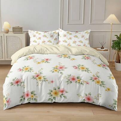3 PiecesFloral Bedding Set (1 Duvet Cover + 2 Pillowcases, No Filler), Fresh Countryside Inspired Pale Beige Floral Digital Print, Soft & Skin-Friendly, Suitable For All Seasons. Zipper Closure, Machine Washable, Ideal For Hotel, Bedroom, Room, Dorm Decor, New Healing, Full Of Vitality, Also Suitable As A Gift.