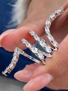 rundraw 1枚2026新款几何缠绕镶嵌立方氧化锆奢华时尚铜银色戒指，女士适用，适合派对、宴会、日常穿搭配饰，节日和周年纪念日送给朋友和爱人的最佳礼物 - 銀色 - 查看 7