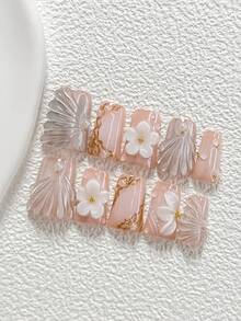 10Pcs Gentle And Elegant Style Handmade Nail Art Set,Polygel Nail Set,Pearl Nail Art Accessories,Hand Sculpted Five Petal Flowers, Water Droplets And Lines Nail Art Decorations,Light Luxury And Elegant Style,Comes With Nail Tools(1 Sheets Jelly Stickers+1PC Nail File)3 Sizes Available,Almond Nails, Duck Nails,Coffin Nails,Suitable For Reunion,Daily,Party,Photograph,Play,Spring Summer,Dating,Commute Supplies Nails - 彩色 - 查看 16