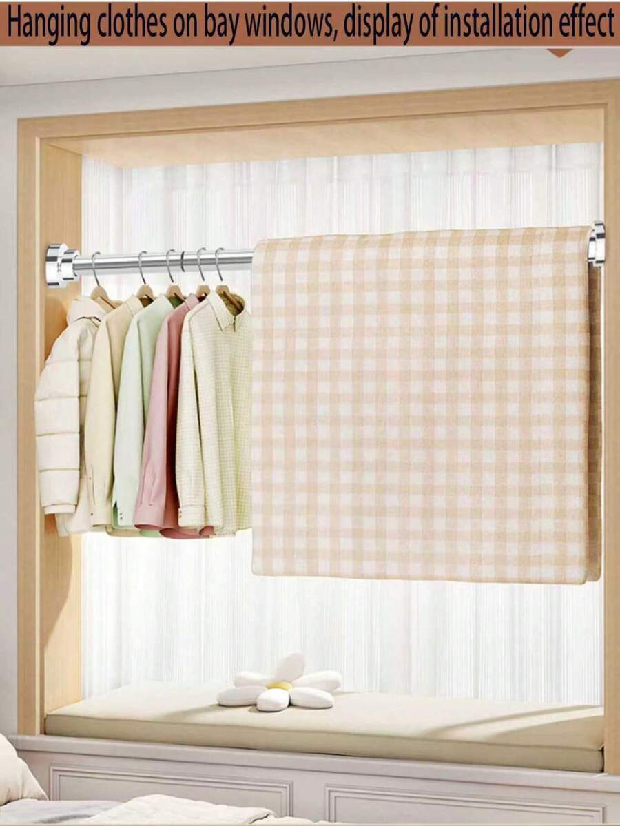 2pcs Adjustable Metal Closet Rod, Extendable Clothes Rail, Shower Curtain Rod, Drying Rack, Durable No-Drill Hanging Organizer For Bedroom, Bathroom, Laundry Room, Wardrobe, Room Divider Function With Plastic Ends