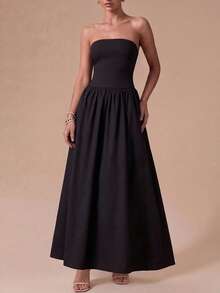 女士优雅黑色无肩带A字连衣裙，简约优雅度假连衣裙，适合海滩度假、海边漫步、休闲外出、花园派对、毕业典礼、夏季穿搭 - 黑色 - 查看 1