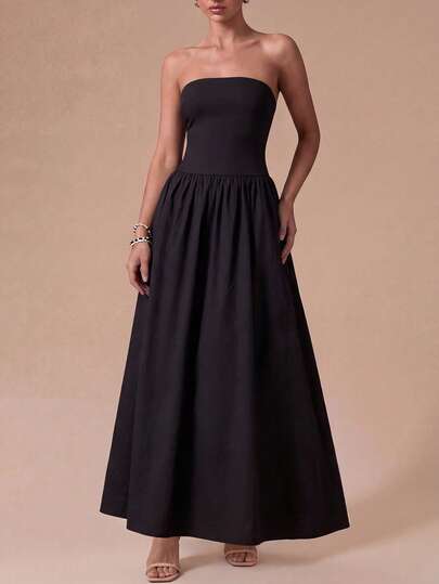 女士优雅黑色无肩带A字连衣裙，简约优雅度假连衣裙，适合海滩度假、海边漫步、休闲外出、花园派对、毕业典礼、夏季穿搭