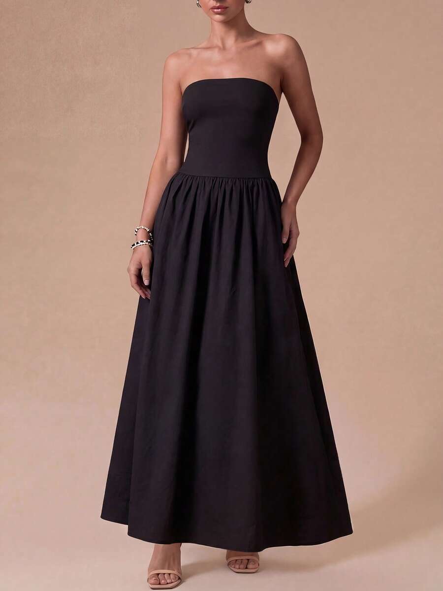 女士优雅黑色无肩带A字连衣裙，简约优雅度假连衣裙，适合海滩度假、海边漫步、休闲外出、花园派对、毕业典礼、夏季穿搭 - 黑色 - 查看 1