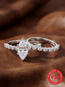 2枚S925纯银马眼形戒指套装，时尚女士戒指，适合日常佩戴、约会，精致珠宝礼品，新年礼物、情人节礼物。 - 馬眼套戒 - 查看 2