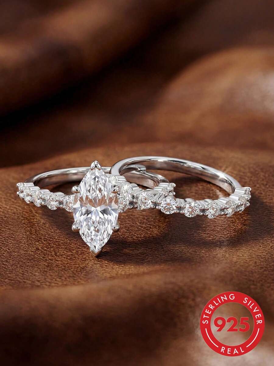 2枚S925纯银马眼形戒指套装，时尚女士戒指，适合日常佩戴、约会，精致珠宝礼品，新年礼物、情人节礼物。