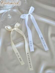 Personalized Wine Glass Ribbon, Custom Wedding Champagne Glass Bow Personalized Satin Ribbon Name Tags Drink Name Tags Name Place Cards - Multicolor - View 4