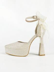 Women's High Heel Sandals, Platform, Pointed Toe, Bow Decor, Strap, Satin, White Closed Toe, Comfortable & Breathable, Suitable For Daily Wear & Dates - Light Gold - View 6