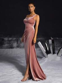VIPGIRL Velvet Slip Dress, Elegant High Collar Long Formal Gown, Sleeveless Fitted Dress - Coral Pink - View 4