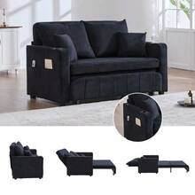 Multifunctional Fabric Sofa, Convertible Sofa Bed, Small Two-Function Living Room Sofa, Removable And Washable Cover, With Storage Bag, Port And Cup Holder. - 黑色 - 查看 9