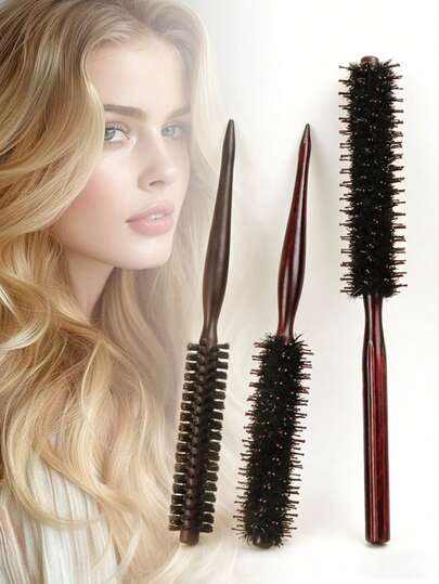 Bộ 3 lược tròn mini, lược cuộn tóc nhỏ cán gỗ, dụng cụ tạo kiểu tóc bằng lông nylon phù hợp với kiểu tóc hijab, uốn tóc mái và nâng chân tóc.