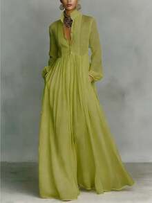 Elegant French-Style Dress For Women, Fitted, Long-Sleeved, Plain Emerald Green, High Neck And Raglan Sleeves, Ideal For Vacation - 中等水洗藍 - 查看 2