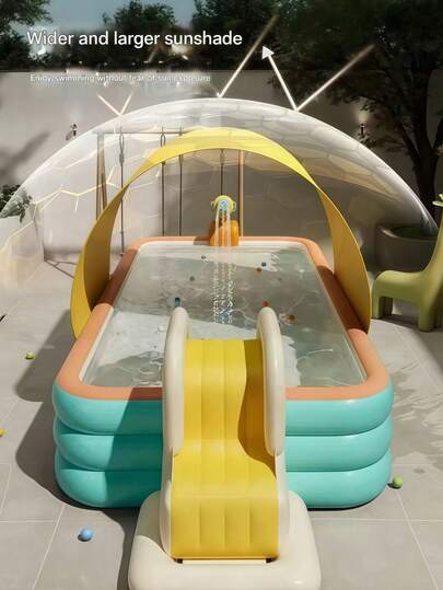 1pc Summer Inflatable Swimming Pool - Thick PVC, Blue-Green And Orange, Easy Storage, Home Water Park, Vibrant Pool-Side Decor, Suitable For Beach, Camping, Backyard, Family Outdoor Swimming Pool, Giant Inflatable Pool