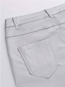 High Waist Button Slant Pocket PU Leather Elastic Skinny Pants, Casual Trousers For Music Festival, Party, Christmas, Halloween, Autumn/Winter Fall - Silver - View 9