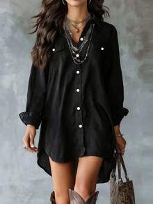 Blusa casual de mujer de manga larga, cuello de solapa, botones delanteros, bajo asimétrico, de poliéster, con bolsillos, para primavera - Negro - Ver 6