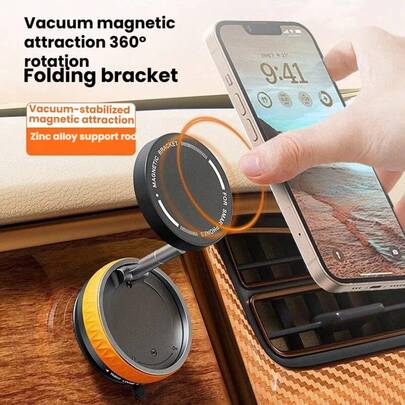 Giá đỡ điện thoại từ tính hút chân không có thể gập lại, xoay 360°, hợp kim kẽm, dùng cho định vị ô tô, để bàn, xem phim ngoài trời, màu đen cam.