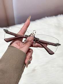 1pc Men's Casual Retro Square Frameless Fashion Flat Lens Glasses, Suitable For Daily Wear And Street Photography - Multicolor - View 3