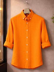 100% Cotton Linen, Breathable, Lightweight, Button-Down Collar, Men's Linen Shirt - Orange - View 3